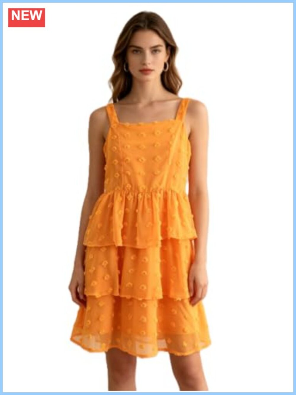 Women Square Neck Sleeveless Tiered Mini Dress with 3D Pom Pom Floral Chiffon